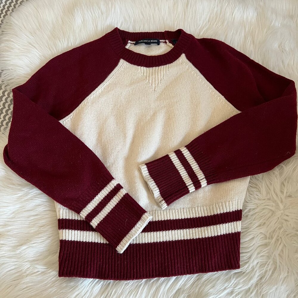 Veronica Beard Wine and Cream Raglan Stripe Crewneck Sweater